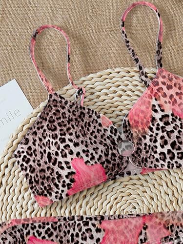 Image of RoseSeek Girls 3 Piece Bikini Set with Beach Skirt Floral Leopard O-Ring Padded Swimsuit for Teen Girls
