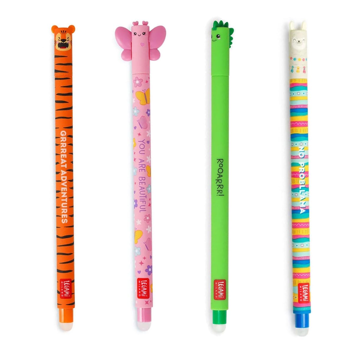 LEGAMI Erasable Gel Pen Set - 0.7mm Tip - Dinosaur, Llama, Tiger & Butterfly Designs