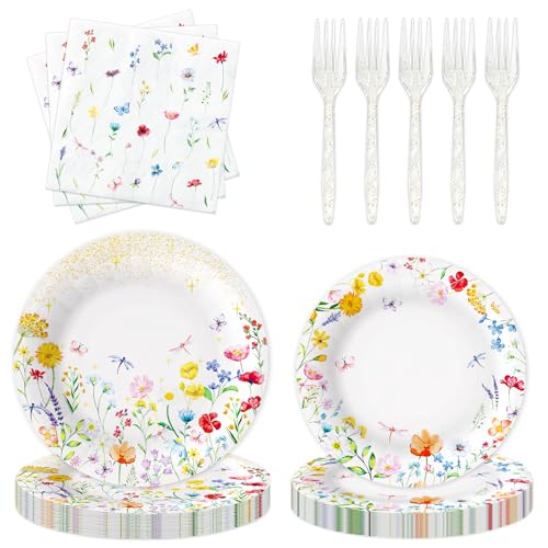 100 PCS Wildflower Spring Paper Plates Forks and Napkins Set Serve 25