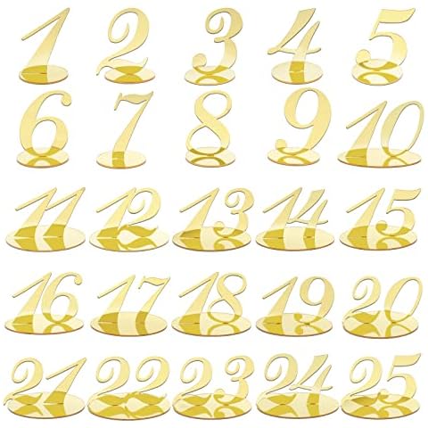 Panxile Table Number Wedding Reception, Acrylic Table Number Gold with Holder Base Elegant Mirror Table Number for Wedding Party Birthday Anniversary Event Catering Decorations 1-25 Cover