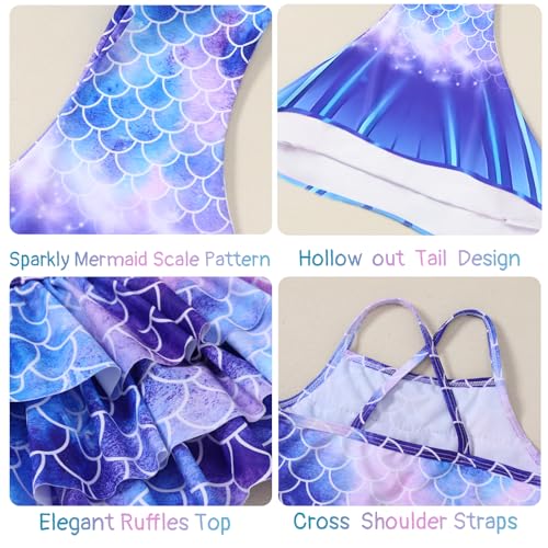 Image of Redair Mermaid Girls Bathing Suit 3PCS Ruffle Top Bikini Bottoms Swimsuit Kids Beach Pool Swimwear 3-11Y