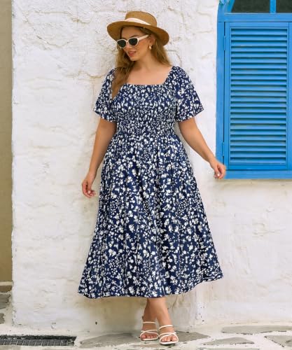 Image of RITERA Plus Size Dresses for Curvy Women Square Neck Short Sleeve Summer Floral Smocked Maxi Dress with Pocket XL-5XL