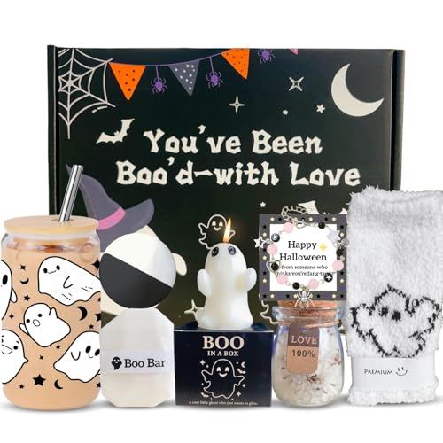 UURM Boo Basket Gift for Women, 7 Spooky Gift Set Including Glass Cup, Halloween Ghost Gifts for Friends Teen Girls