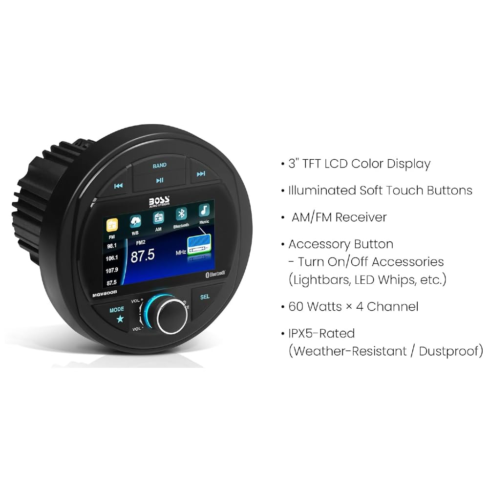 KIT SET PER BOSS AUDIO SYSTEMS MGV500B, 1 stereo marino ricevitore AM/FM, gauge digital media receiver, bluetooth integrato, waterproof, 1 pezzo + accessori