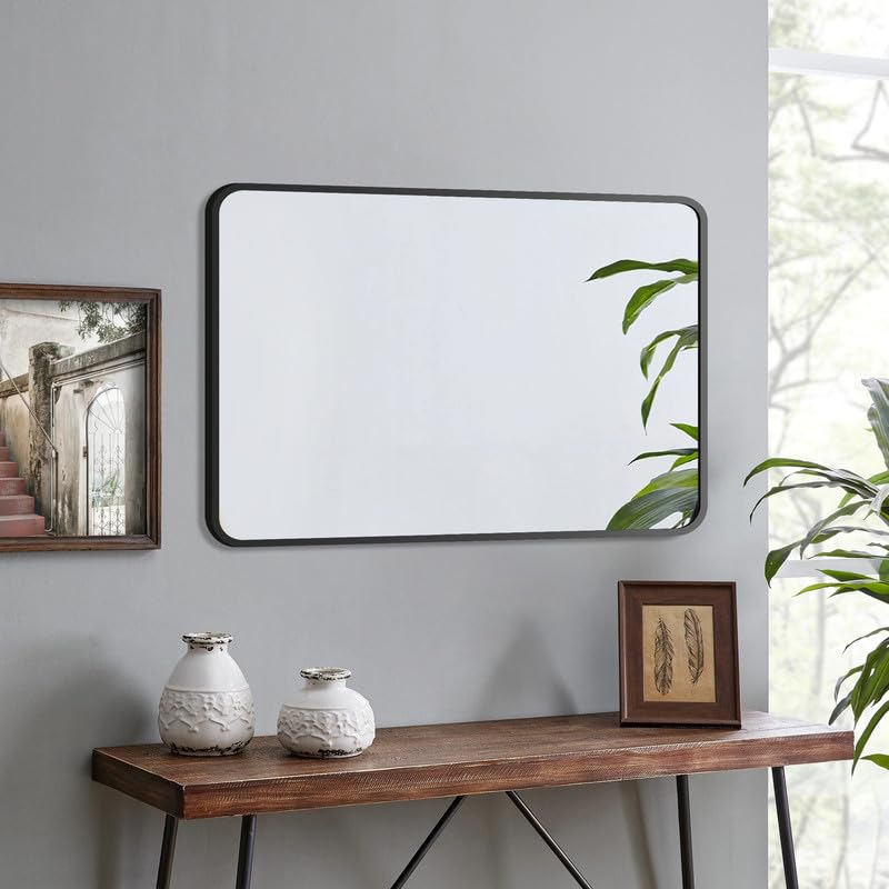 WOWINNE Espejo de pared, 60x100 cm Espejo cuadrado negro, esquinas redondas, marco de metal negro espejo de baño, espejo de pared cuadrado, espejo cosmético cuadrado negro