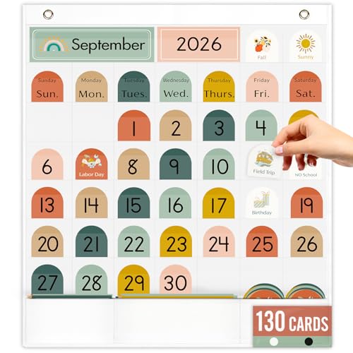 Classroom Monthly Calendar Pocket Chart for Kids Learning, 105 Cards Wall Boho Calendar and Weather, Teacher Supplies for Kindergarten Preschool Elementary Homeschool