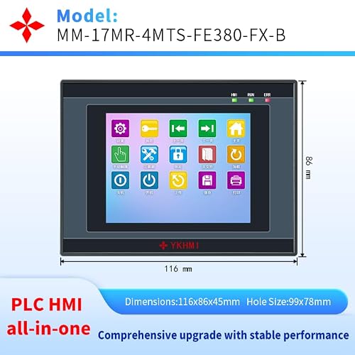 3.8 Inch PLC HMI All in One Integrated Programmable Logic Controller, 10 Input 7 Relay Output, Built-in Analog 2AD & 2DA, 2NTC10K, 2 High-Speed Pulse 100KHz for Sevor or Stepper (17MR-FE380-FX-B)