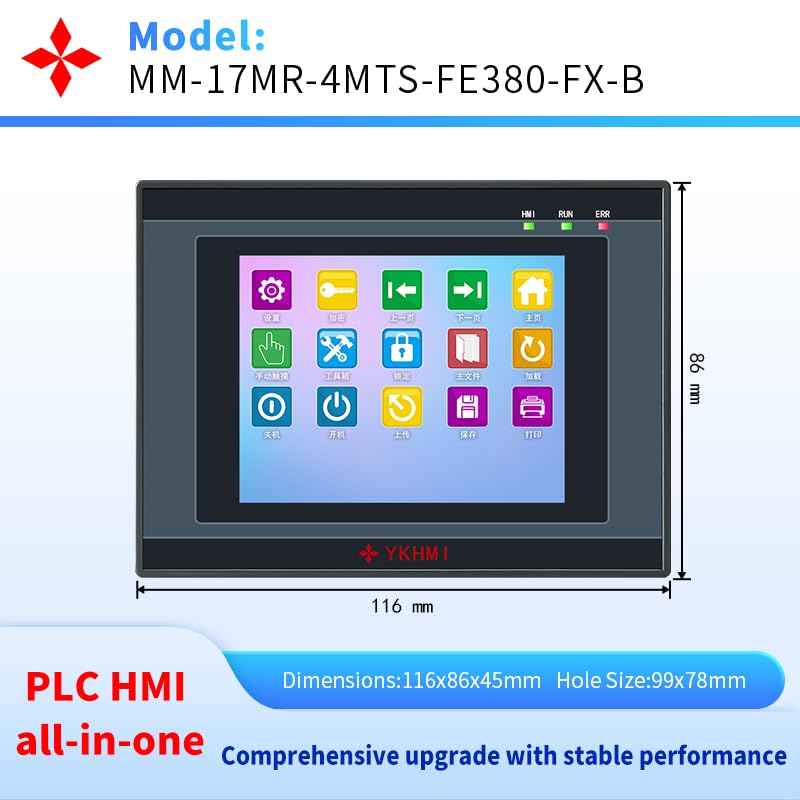 Image of 3.8 Inch PLC HMI All in One Integrated Programmable Logic Controller, 10 Input 7 Relay Output, Built-in Analog 2AD & 2DA, 2NTC10K, 2 High-Speed Pulse 100KHz for Sevor or Stepper (17MR-FE380-FX-B)