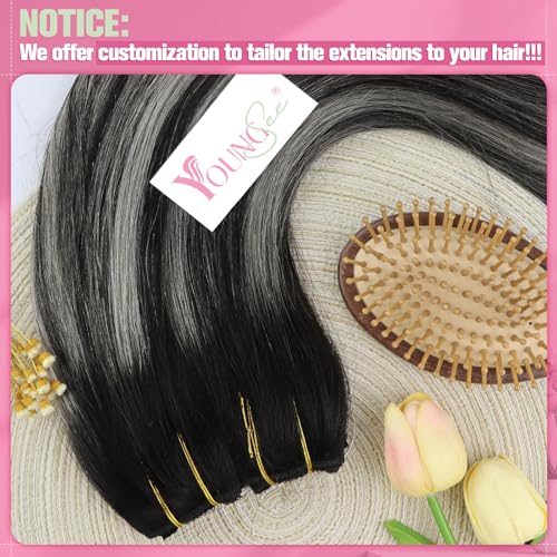Image of YoungSee 125G Wire Hair Extensions Black Ombre, Natural Black Roots to Silver Balayage, Human Hair Fish Line Extensions, Secret Wire Hair Extensions for Natural Look, 16 Inch 1 Piece Straight Hair