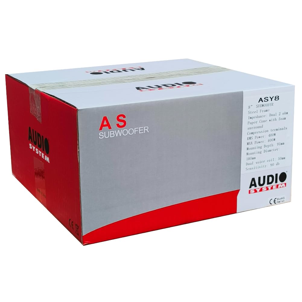 KIT SET PER AUDIO SYSTEM ASY8, 1 subwoofer da 20 cm 200 mm 8" di diametro, doppia bobina, dual voice coil 2+2 ohm, 400 watt rms 600 watt max, per auto, 1 pezzo