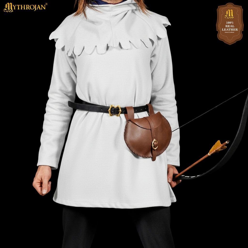 Medieval Leather Belt Bag with Solid Brass Buckle, ideal for SCA LARP reenactment & Ren fair, Full Grain Leather, Brown, 6.5" x 9.5" - Brown - Image 8