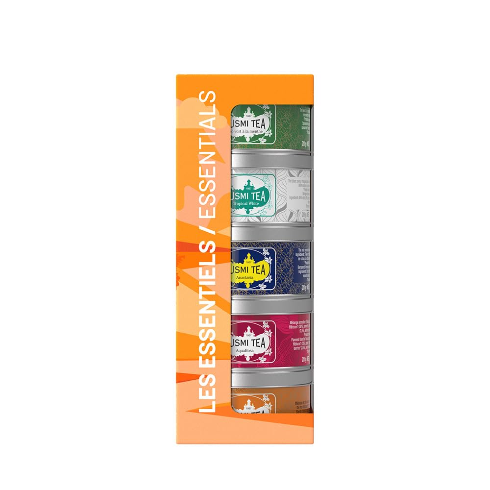 Kusmi Tea - Confezione Regalo di Tè Essenziali - Cofanetto Regalo - Selezione di Tè e Infusi Biologici - Tè verde, nero, Tisane Fredde - Foglie Sfuse - 5 Scatole in Metallo da 25 g