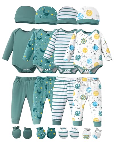 NZRVAWS Newborn Baby Boy Clothes Infant Romper Pants Set Hat 4-Pack Outfits 0-12 Months 16 Pieces Gift Toddler Girl Unisex