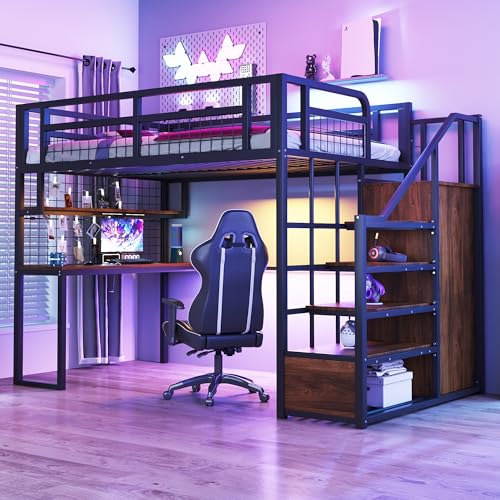 Luxeza Metall-Hochbett Mit Aufbewahrungsleiter und Einfachem Kleiderschrank, Mit Ablage, Tisch und Netzregal. Stabiler Metallrahmen, Hochbett140 x 200 cm (Schwarz)