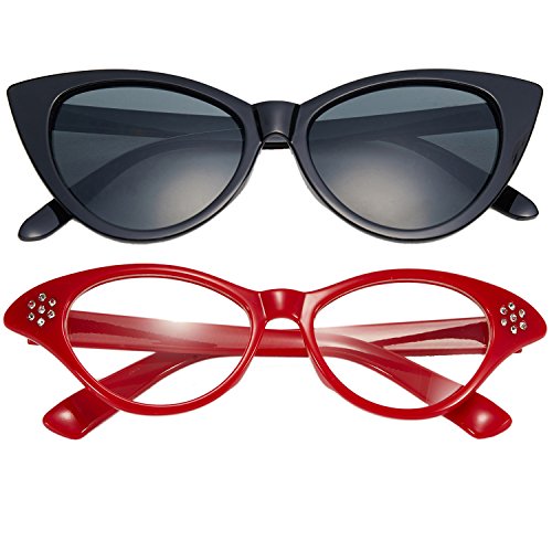 50\'s Costume Accessories Set Chiffon Scarf Cat Eye Glasses Bandana Tie Headband and Earrings (OneSize, Red) - Thumbnail 3