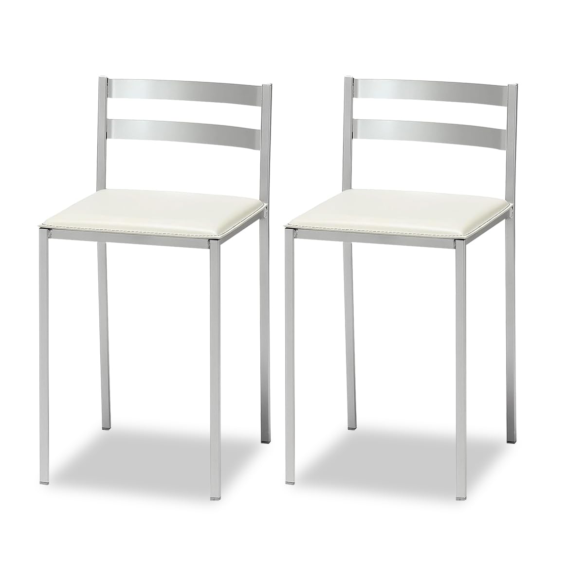 ASTIMESA 2 Kitchen Stools with Low Backrest, Horizontal Stripes and Upholstered Seat - Aluminium Frame - White Leatherette Seat