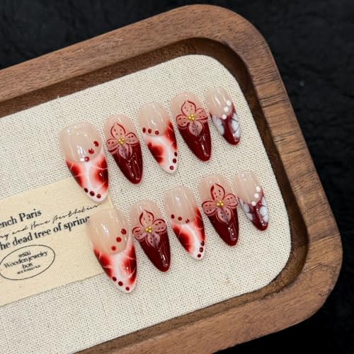 Yacey 3D Tropical Floral Handmade Press on Nails, Medium Almond Reusable False Nails Press Ons, Red French Tip Luxury Thick Acrylic Fake Nails, Bling Glue on Nails for Women Girls (10 Pcs, M)
