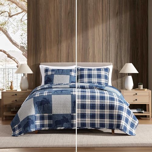 Image of Eddie Bauer - Twin Quilt Set, Naturally Soft Cotton Bedding w /a Lightweight Feel for All-Year Comfort, Reversible w /Matching Pillowcase, 2 Piece Bed Set (Moose Plaid /Pinstripe /Patchwork Blue)