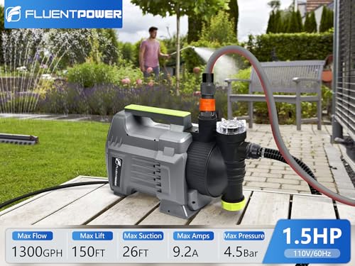 Image of FLUENTPOWER Shallow Well /Deep Garden Pump, 1.5HP 1300GPH Portable Water Booster Jet Pump with Automatic Pressure Switch for Home, Garden, Lawn, Sprinkler Irrigation, Lift 150FT