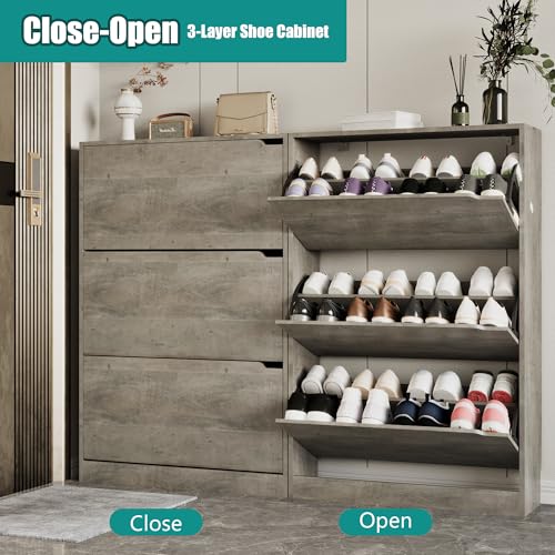 Image of Xixini Shoe Storage Cabinet for Entryway with 3 Flip Drawers, Sturdy Wood Hidden Shoe Storage, Freestanding Narrow Slim Shoe Organizer for Front Door Entrance, Living Room, Hallway, Bedroom, Grey