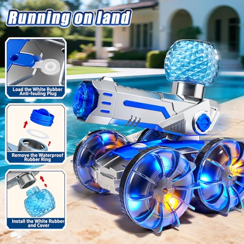 Image of Amphibious RC Stunt Car with Water Gun Lights Waterproof Pool Toy for Kids | 2 in 1 amphibious remote control stunt car, runs smoothly on land & water, works as waterproof rc boat for pool & beach play