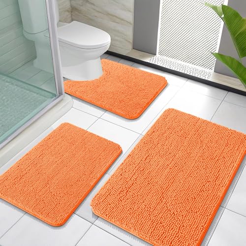 OLANLY Chenille Bathroom Rugs Sets 3 Piece, 30"x20"+24"x16"+24"x20", Orange