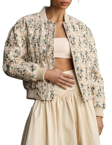 Women’s Floral Bomber Jacket Cropped Zipper Down Long Sleeve Daisy Padded Coat Outwear with Pockets
