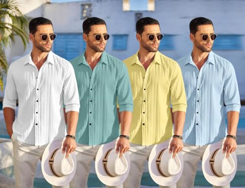 Image of FINIVO FASHION Combo of Men's Casual Cotton Plain Button Down Shirt Long Sleeve Textured Summer Beach Shirt for Men Pack of 4