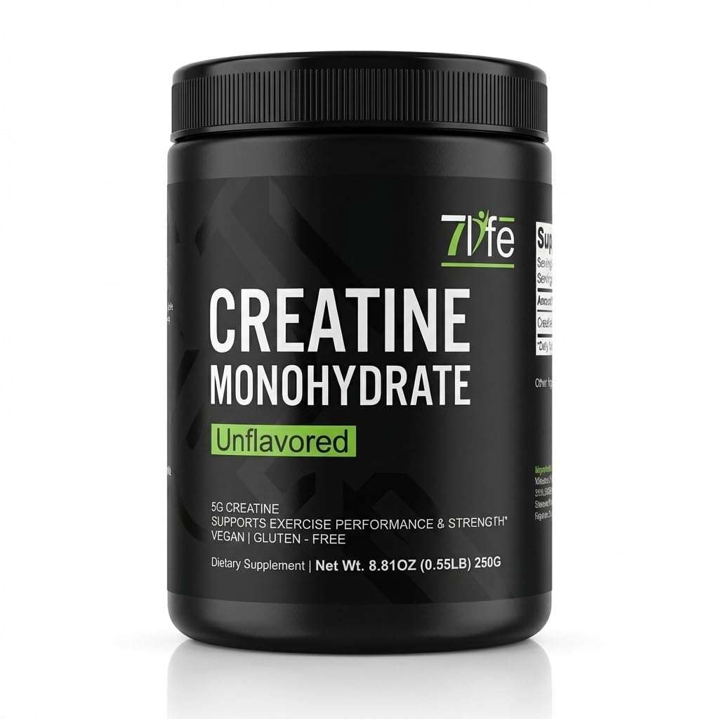 7 life Creatine Monohydrate Powder, Micronized, Unflavored, 5g per Serving, 50 Servings, 8.81 oz, Vegan, Gluten-Free
