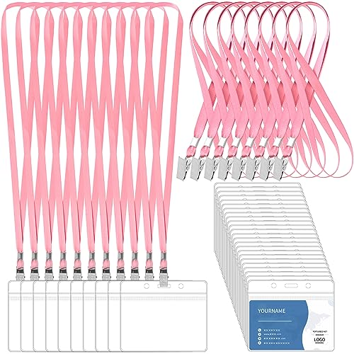 Cordon pour badge rose et porte-étiquette transparent réutilisable | Lot de 100