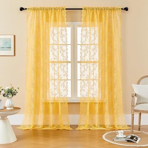 Tony's collection Yellow Sheer lace Curtains, 95 inch Length Rustic Floral Vintage Lace Curtain, Light Filtering semi Voile Window Panels 2 for Living Room Bedroom (52x95 inch, Yellow, 2 Panels) Cover