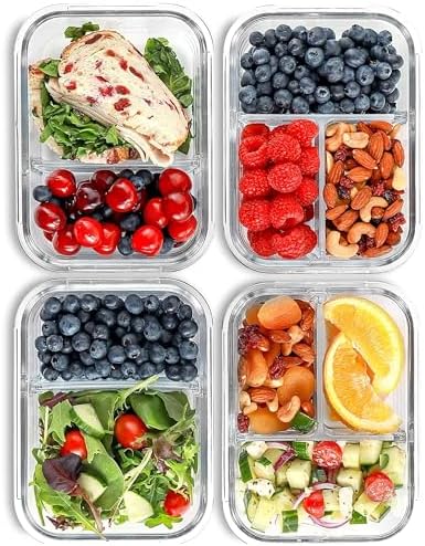 FIT Strong & Healthy Glass Meal Prep Containers, 2 & 3 Compartments - Portion Control, Lunch Container Set, Food Storage, Airtight Lids, Oven & Freezer Safe, Leak-Proof Bento Box, 32 oz, Blue, 4 Pack