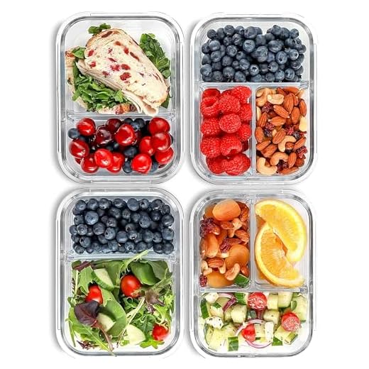 Matlåda i glas med 2 och 3 fack (4-pack, 1 000 ml) - förvaringslåda i glas med lock, lunchlåda i glas, bentolåda i glas, portionsfack, lufttät.