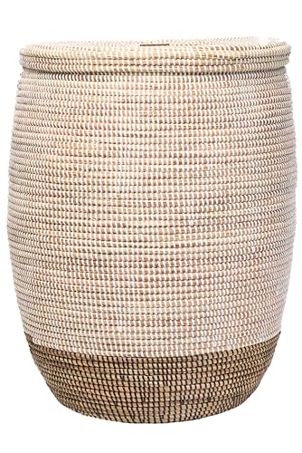 YAADU Cesto XXL para la ropa con tapa 95L - Cesto tejido para la ropa, cesto africano para la ropa, cesto grande para juguetes, cesto con asa Modelo Fela (Blanco-Negro-Plano)