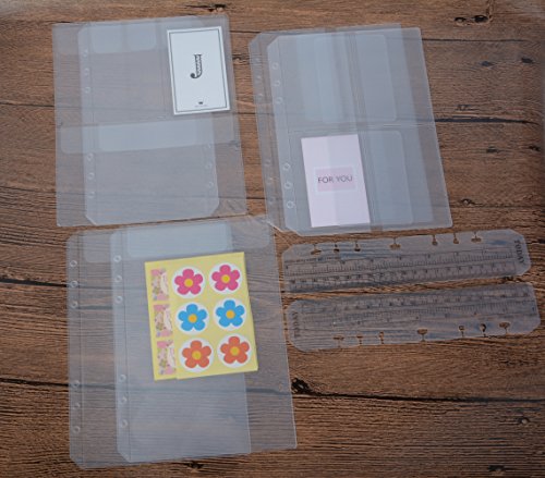 Funcoo 6-Ring Plastic Binder Pockets/Bill Pouch/Name Card Credit Card Holder Bag, Set of 6 Binder Planner Notebook Refills Pockets+ 2 Plastic Page Marker Measuring Ruler (A5)