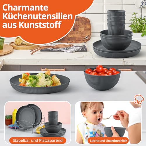 FUNYKICH 12 Teiliges Küchengeschirr Set für 4 Personen, Leicht und einfach zu stapeln, Unzerbrechliches Geschirr Set,mit 4 Teller, 4 Müslischalen und 4 Trinkbecher für Picknick, Camping (Dunkelgrau)