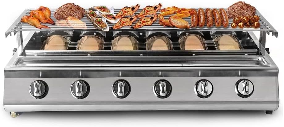 Barbecue portatile a gas con 6 fuochi, grande superficie di cottura antiaderente, perfetta per giardino, patio, campeggio e roulotte