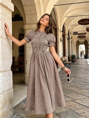Image of RIHOAS Plaid Gingham Midi Dress Short Sleeve Smocked Dresses for Women