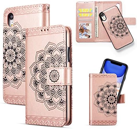QLTYPRI Case for iPhone XR, Premium PU Leather Rubber Silicone Bumper Credit Card Holder Cash Pocket Magnetic Detachable Wallet Case Cover for iPhone XR - Pink Marble