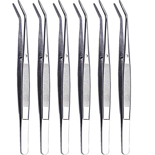 CiviLight 6 Pieces Sewing Machine Oil Tweezers - 6 Inch Long Curved Precision Stainless Steel Serger Tweezers for Craft With Serrated Bent Tips