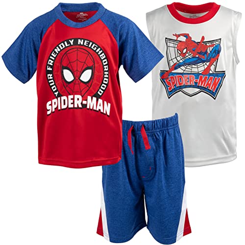 Marvel Spider-Man Little Boys Graphic T-Shirt Tank Top and Shorts 3 Piece Outfit Set Blue/Gray/Red 6 - image 1