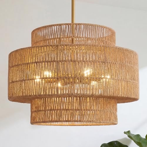 Image of 24 inch Large Boho Rattan Chandelier, 3-Tier Hand Woven Shade, Gold