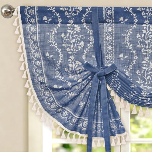 Image of Yinhua Boho Tie Up Curtains for Windows Vintage Linen Valance Light Filtering Floral Valance Rod Pocket Rustic Adjustable Tassel Window Valances for Bathroom, 42 inch W X 45 inch L, Blue