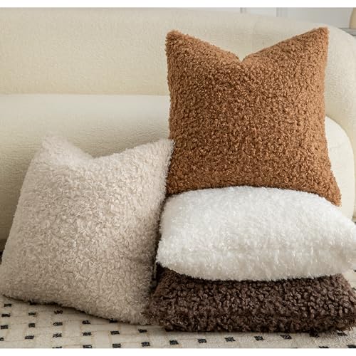 Image of Pack of 2 Curly Teddy Wool Faux Fur Throw Pillow Covers Fuzzy Accent Soft Sherpa Pillowcases Sheepskin Fleece Decorative Cushion Case for Sofa Couch Living Room 26x26 Inch Bronze