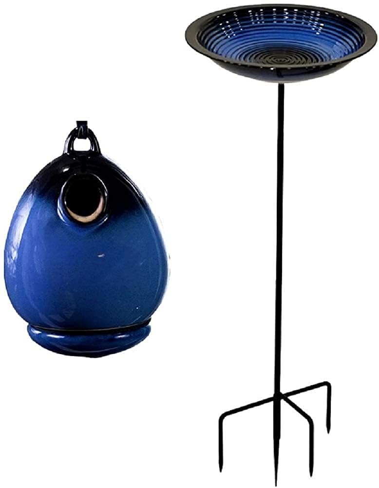 BYER OF MAINE Circle Post Bird Bath and Alcyon Egg/Bottle Bird Home Bundle, Cobalt Blue
