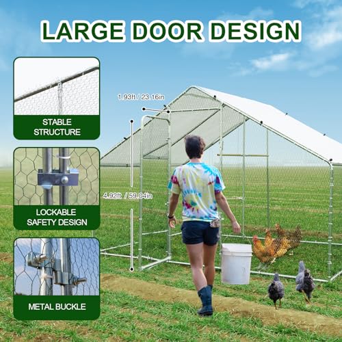 Chicken Coop Large Metal Chicken Run for 10-15 Chickens, Outdoor Walk-in Poultry Cage with Climbing Frame, Waterproof & Anti-UV Cover Secure Lock (9.8' L x 6.56' W x 6.56' H)
