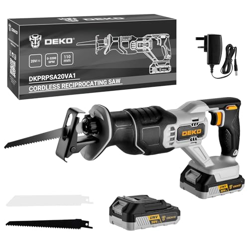 Cordless Reciprocating Saw ：DEKOPRO 20V Electric Wood Saw with 1*2Ah Batteries and 2 Blades, ax 22mm Stroke, ool-Free Blade Change, 200 SPM Variable Speed, ED Light-for Wood and Metal, VC Cutting, one