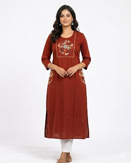 SQUARO Women Embroidery Dhabu Cotton Straight Kurta Kurtis for Ladies and Girls with Pockets (Only Kurti)