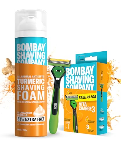 Image of Bombay Shaving Company Vita Charge 3 Razor and Turmeric Shaving Foam Combo | Shaving Razor for Men | Vitamin E Infused Lubra Strip | | Pivot Head for Smooth Glide