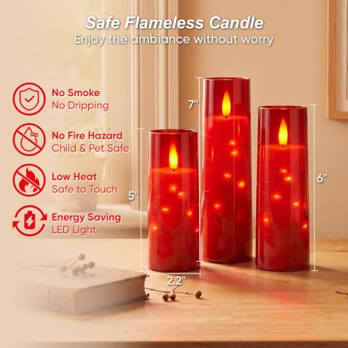 Image of Raycare Flameless Candle with Remote Timer, 3 Flickering Acrylic Battery Operated LED Pillar Candles with Embedded Star String for Christmas, Home Decor, and as a Gift(Red)